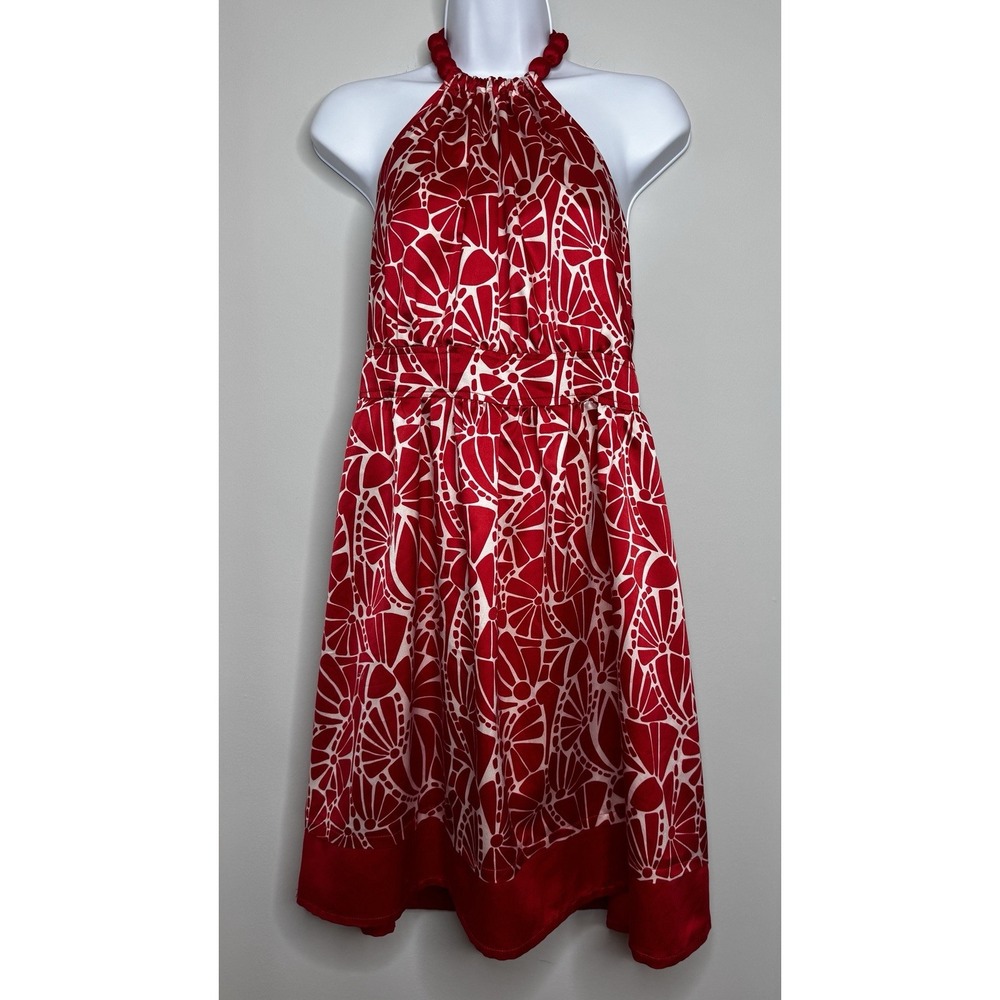 Red Halter Neck Dress L Abstract Print Beaded Neck Tie Back Fit Flare
